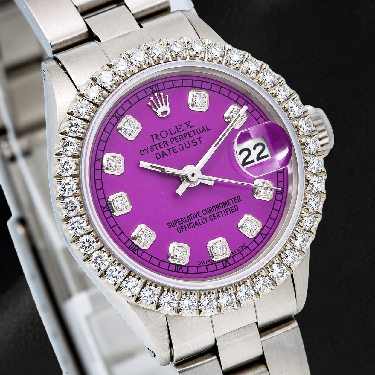 Rolex Datejust 6916 26 mm Uhr, Edelstahl, violettes Diamantzifferblatt, Oyster-Armband