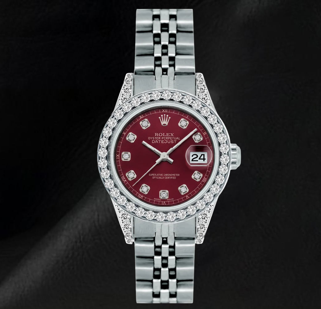 Rolex Datejust 6916 26 mm Uhr aus Edelstahl mit rotem Diamantzifferblatt und Diamantlünette