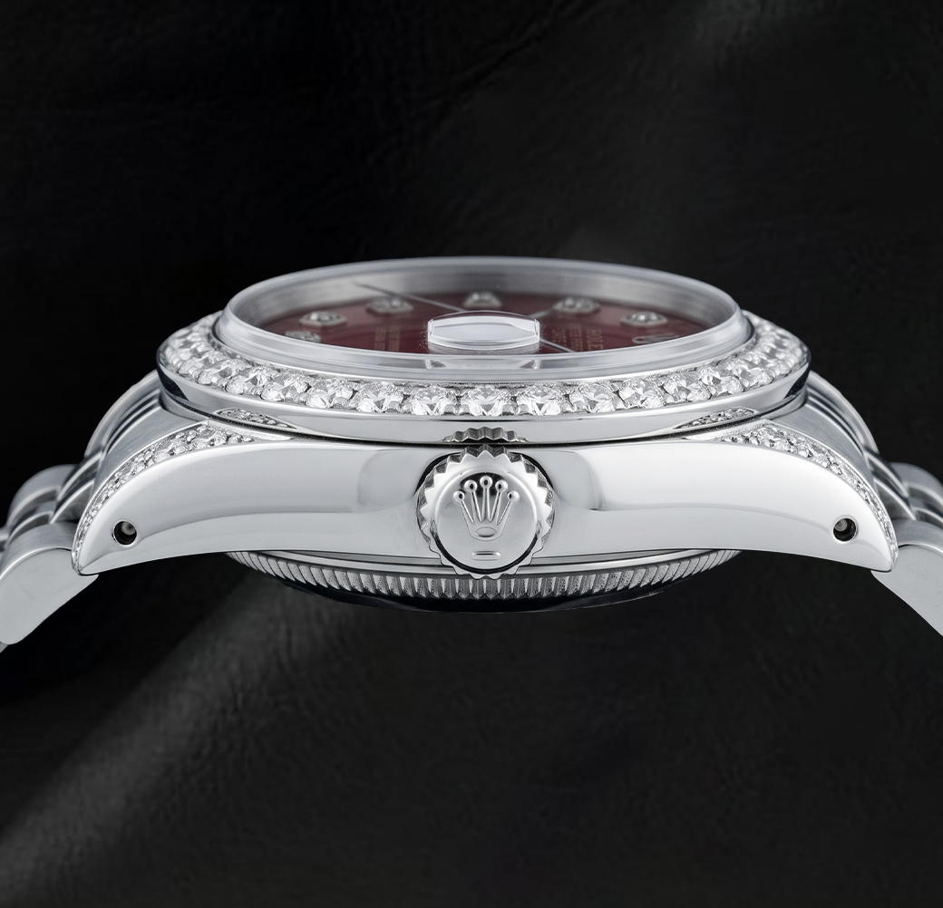 Rolex Datejust 6916 26 mm Uhr aus Edelstahl mit rotem Diamantzifferblatt und Diamantlünette