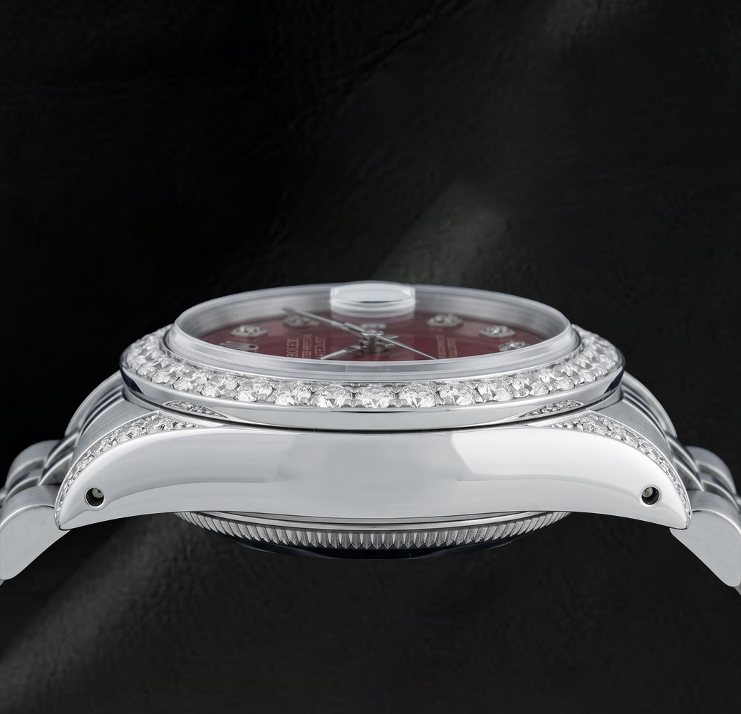 Rolex Datejust 6916 26 mm Uhr aus Edelstahl mit rotem Diamantzifferblatt und Diamantlünette