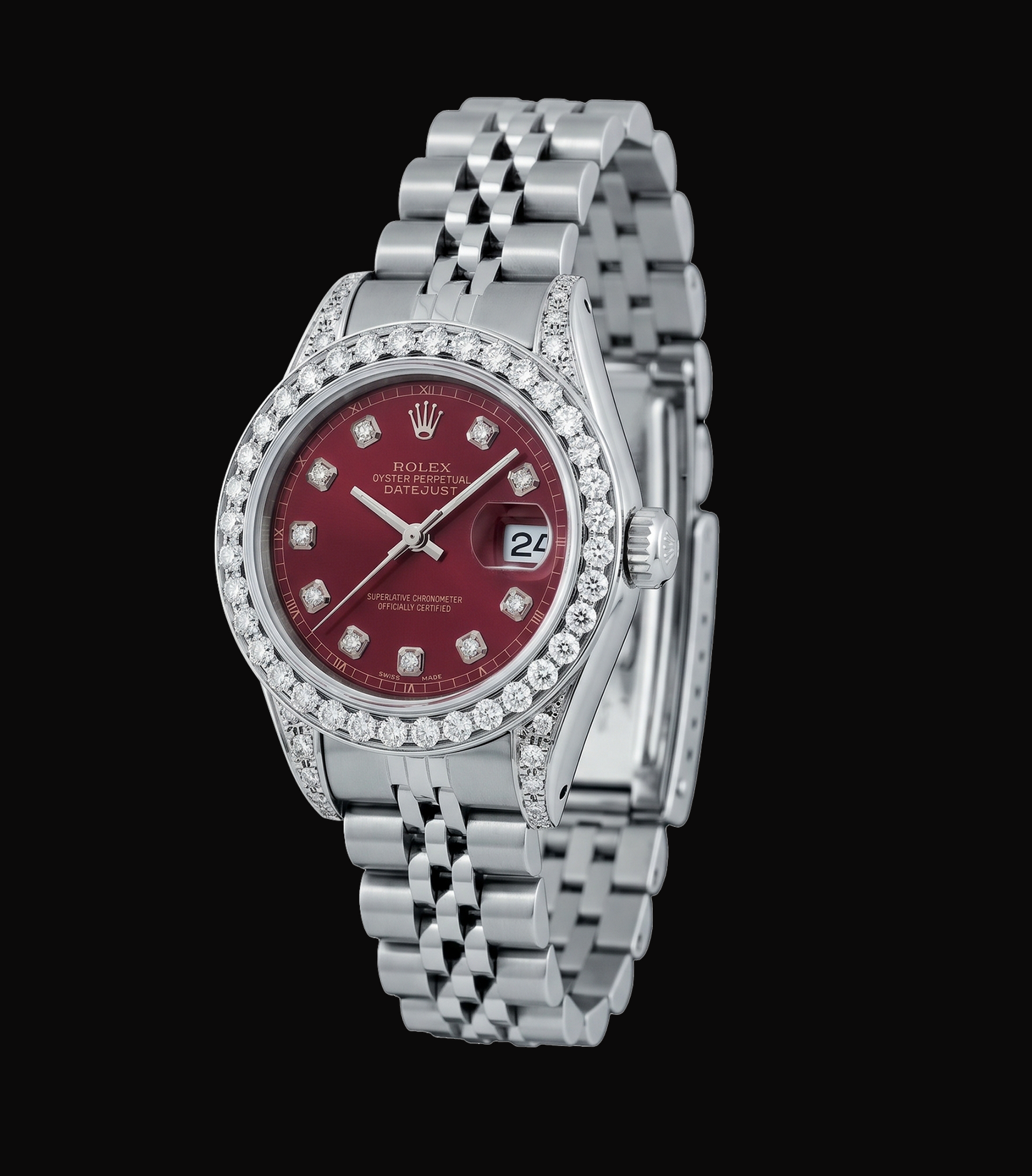 Rolex Datejust 6916 26 mm Uhr aus Edelstahl mit rotem Diamantzifferblatt und Diamantlünette