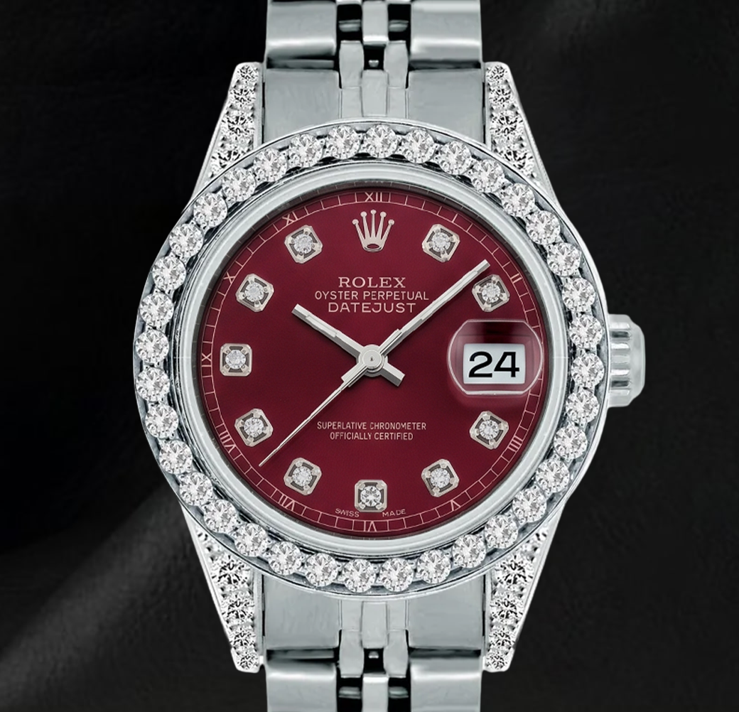 Rolex Datejust 6916 26 mm Uhr aus Edelstahl mit rotem Diamantzifferblatt und Diamantlünette