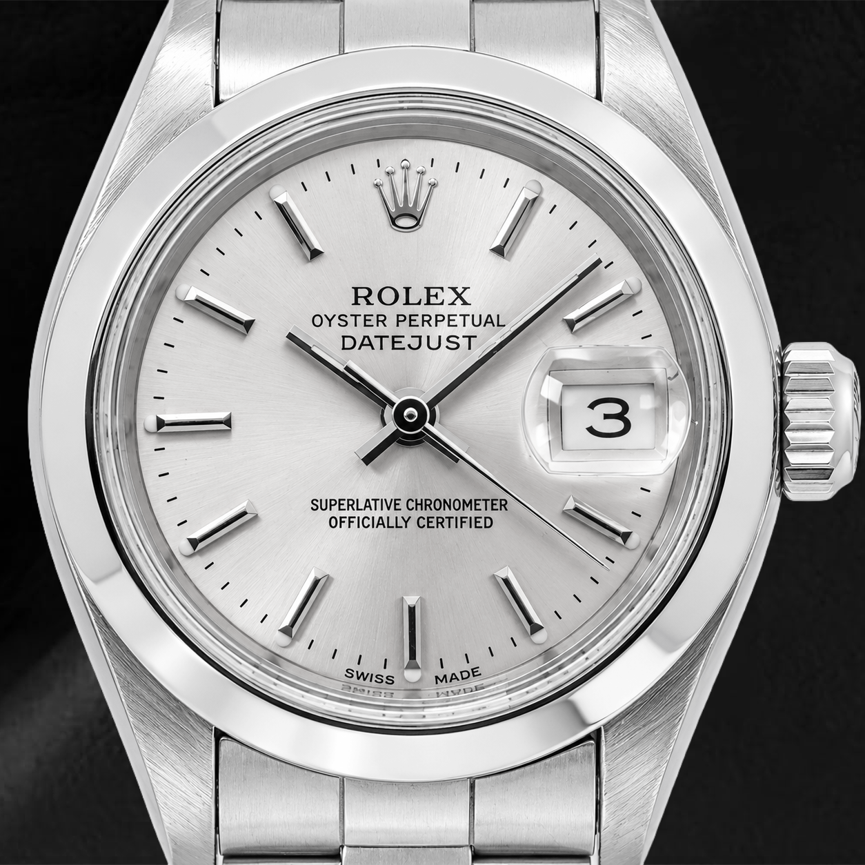 Rolex Datejust 6916 26 mm Uhr, Edelstahl, silbernes Zifferblatt mit Stabindizes, Oyster-Armband