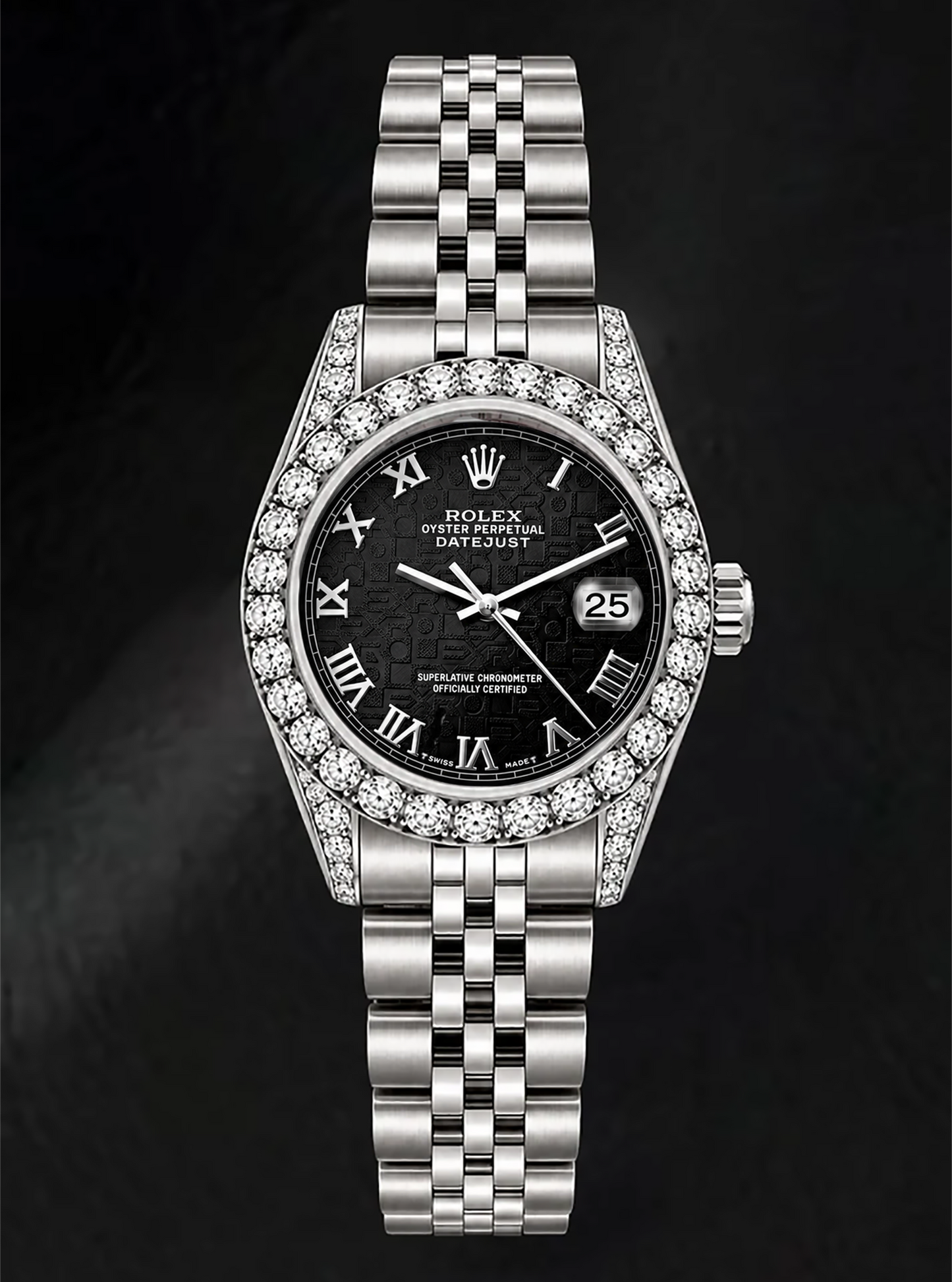 Rolex Datejust 6916 26 mm Edelstahluhr, schwarzes Zifferblatt mit römischen Ziffern, Diamantlünette
