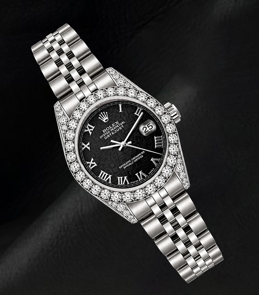 Rolex Datejust 6916 26 mm Edelstahluhr, schwarzes Zifferblatt mit römischen Ziffern, Diamantlünette