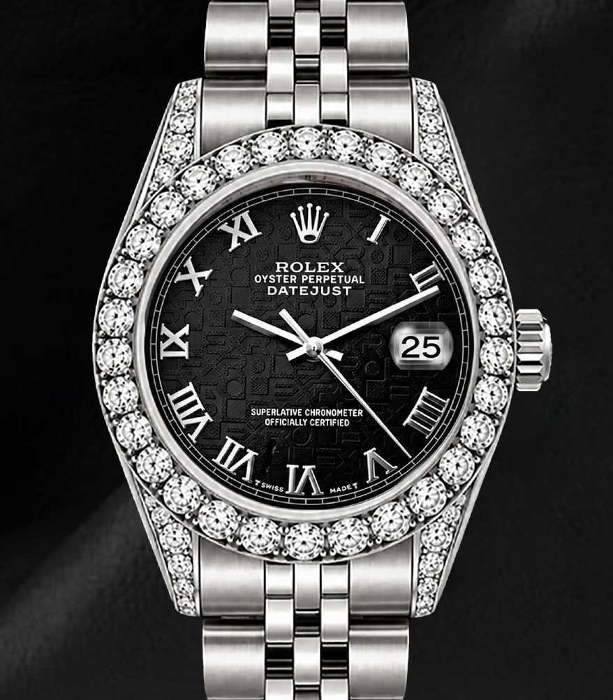 Rolex Datejust 6916 26 mm Edelstahluhr, schwarzes Zifferblatt mit römischen Ziffern, Diamantlünette
