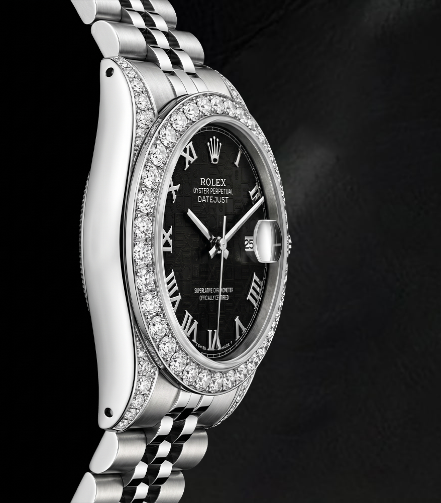 Rolex Datejust 6916 26 mm Edelstahluhr, schwarzes Zifferblatt mit römischen Ziffern, Diamantlünette