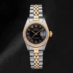 Rolex Datejust 69173 26 mm Bicolor-Uhr mit schwarzem römischen Zifferblatt