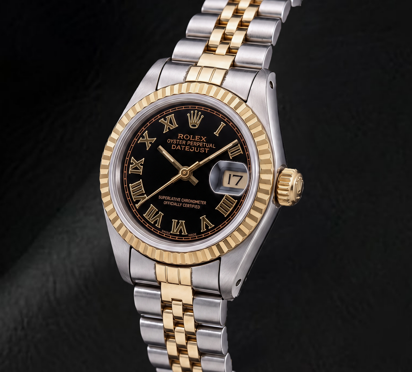 Rolex Datejust 69173 26 mm Bicolor-Uhr mit schwarzem römischen Zifferblatt