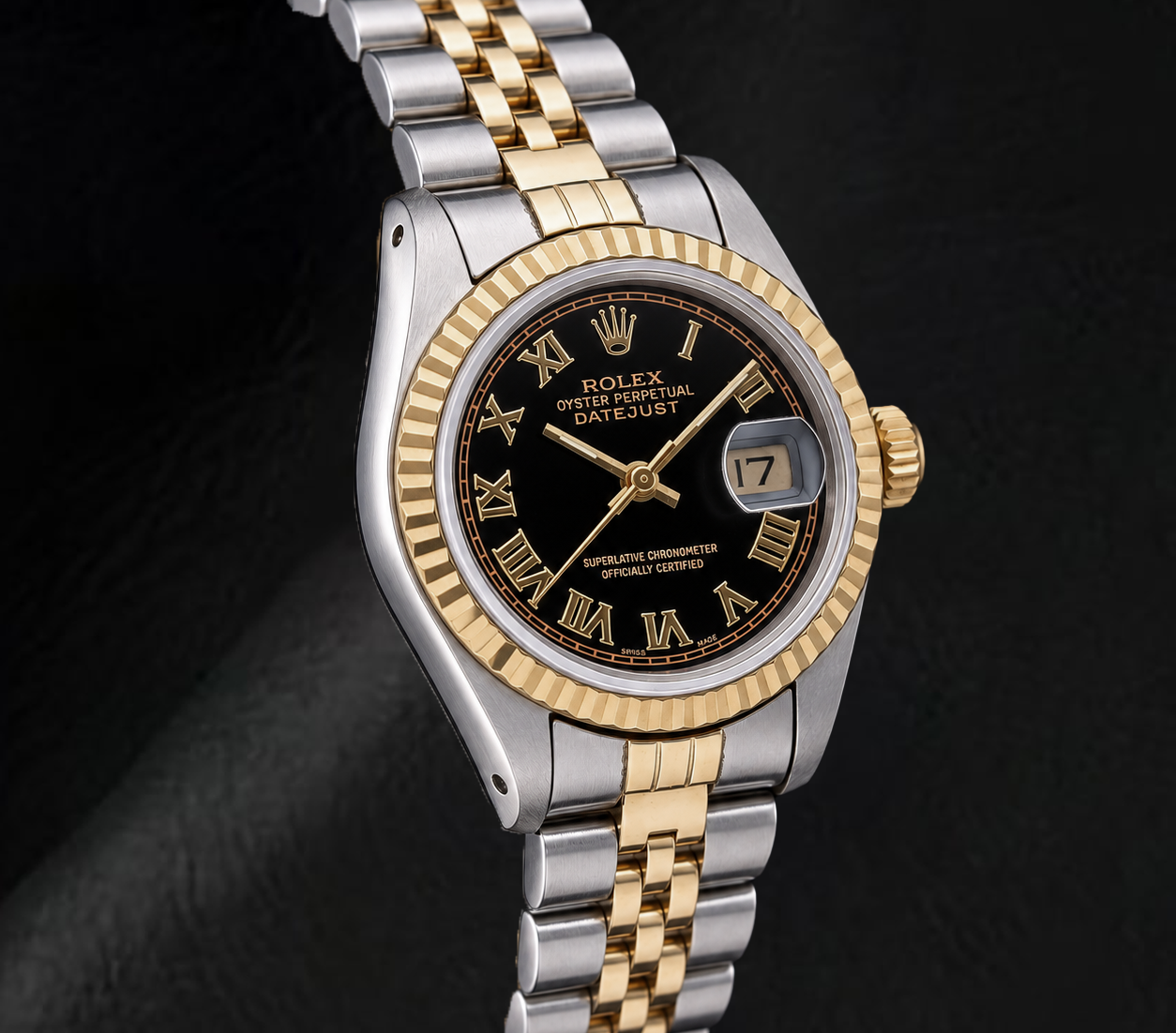Rolex Datejust 69173 26 mm Bicolor-Uhr mit schwarzem römischen Zifferblatt