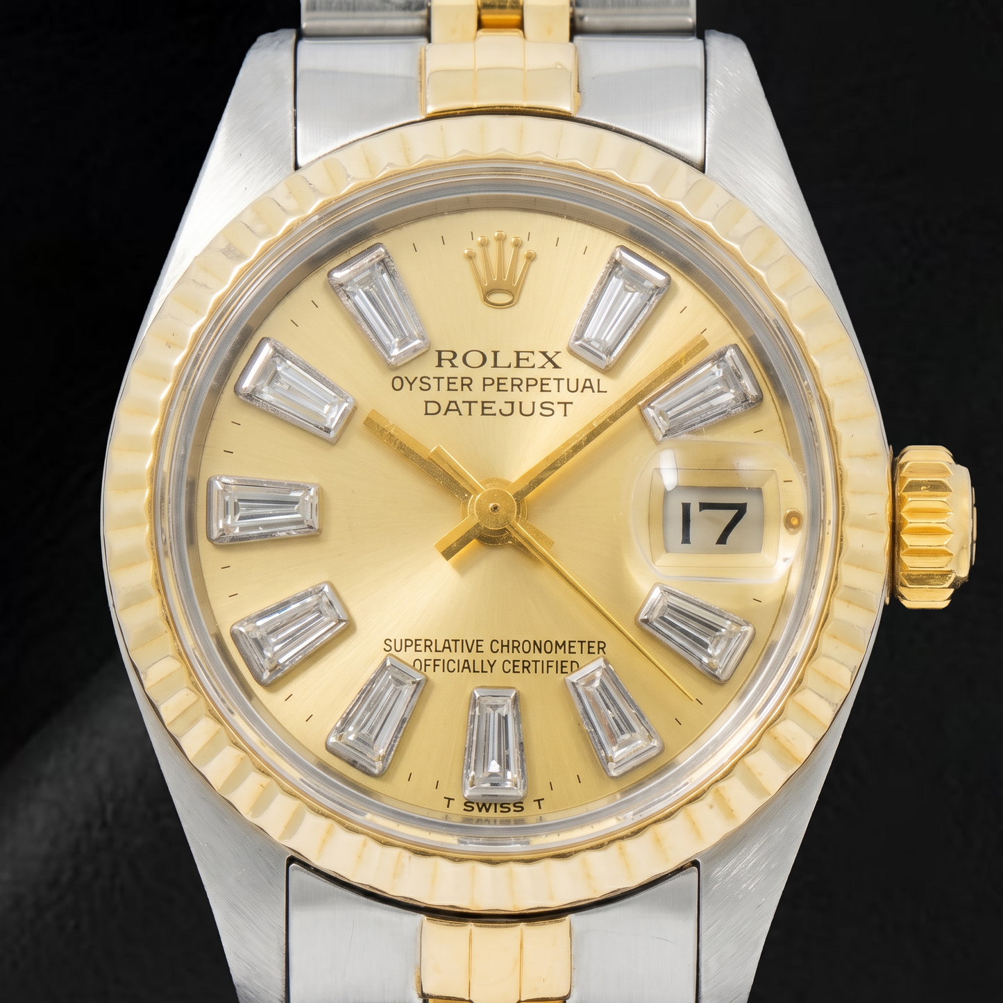 Rolex Datejust 69173 26 mm Bicolor Uhr mit champagnerfarbenem Baguette-Diamantzifferblatt