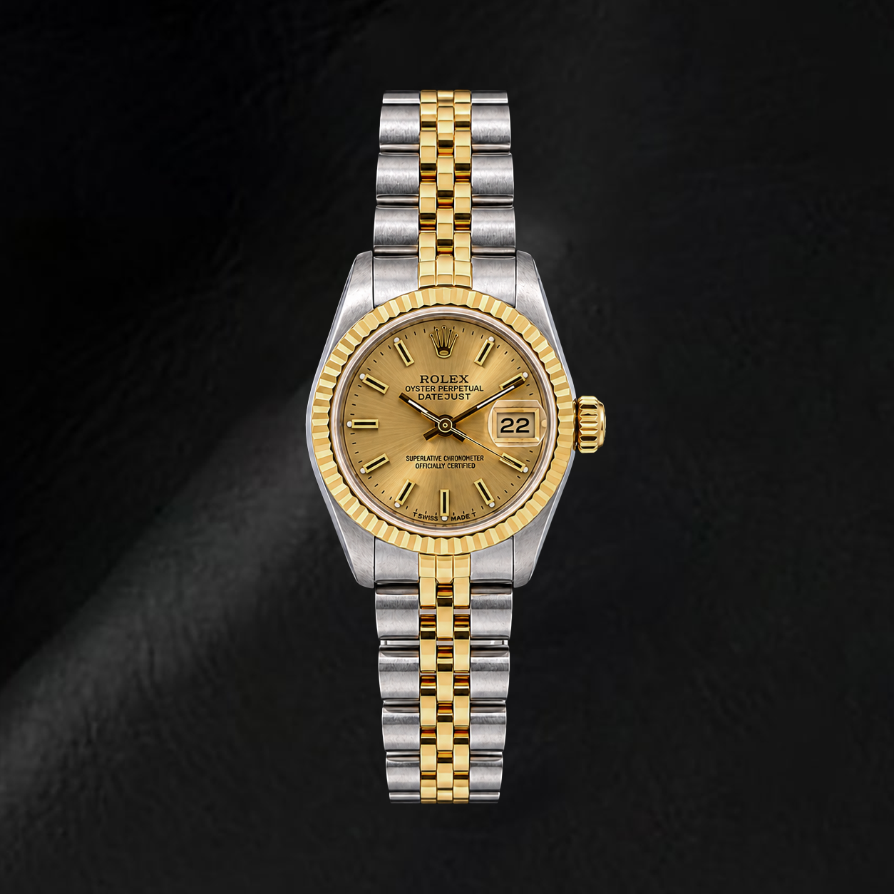 Rolex Datejust 69173 26 mm Bicolor Uhr, champagnerfarbenes Zifferblatt mit Stabindizes