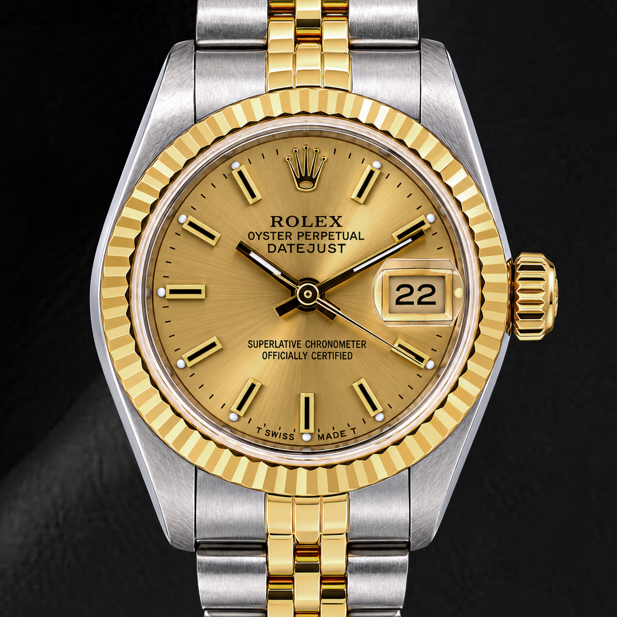 Rolex Datejust 69173 26 mm Bicolor Uhr, champagnerfarbenes Zifferblatt mit Stabindizes