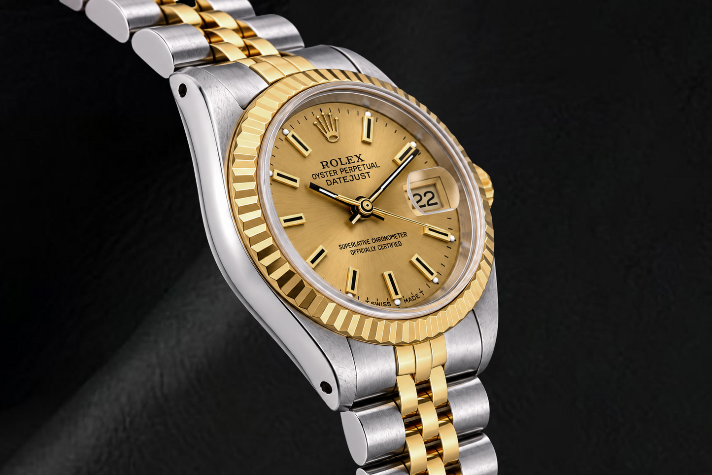 Rolex Datejust 69173 26 mm Bicolor Uhr, champagnerfarbenes Zifferblatt mit Stabindizes