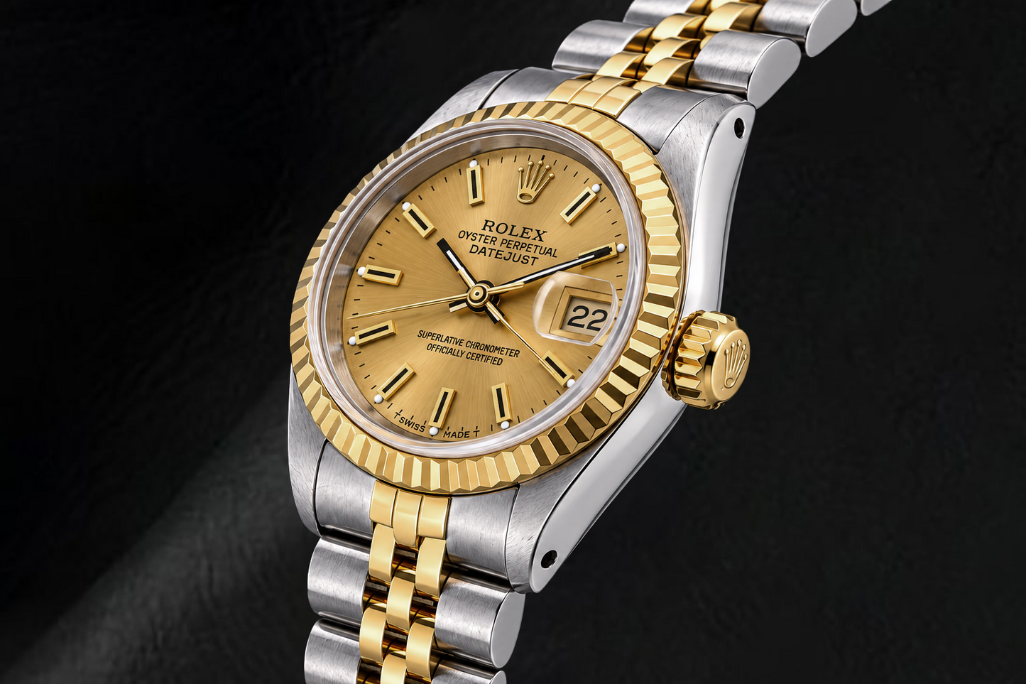 Rolex Datejust 69173 26 mm Bicolor Uhr, champagnerfarbenes Zifferblatt mit Stabindizes