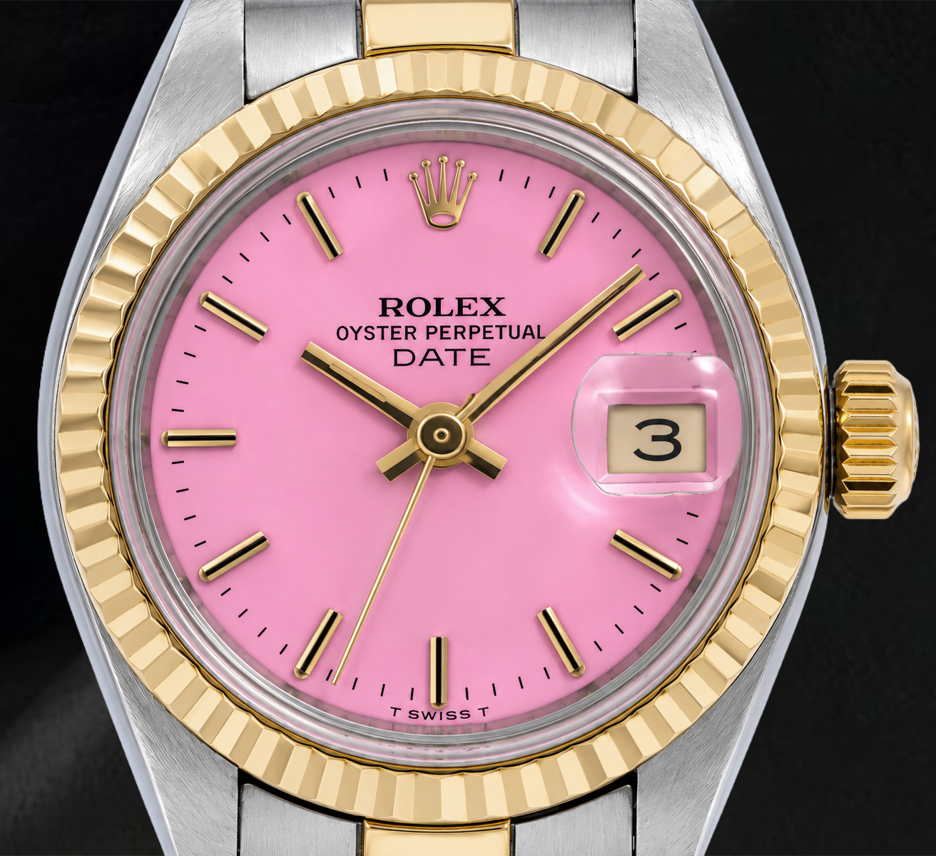 Rolex Datejust 69173 26 mm Uhr Rosa Zifferblatt Geriffelte Lünette Bicolor Oyster-Armband
