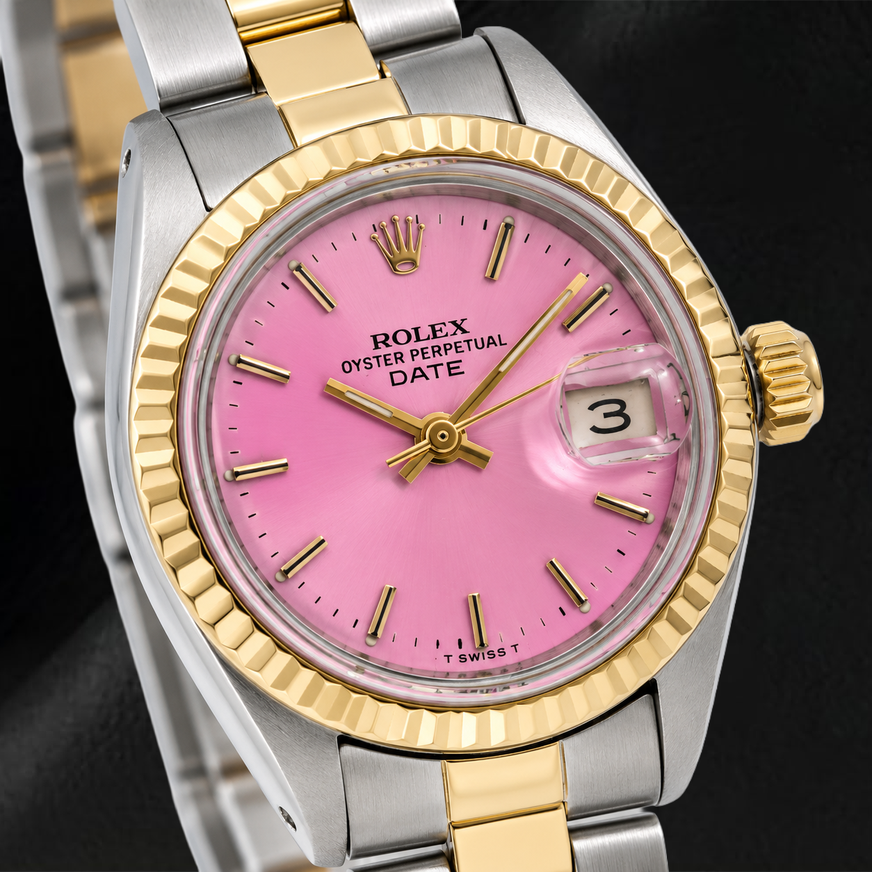 Rolex Datejust 69173 26 mm Uhr Rosa Zifferblatt Geriffelte Lünette Bicolor Oyster-Armband