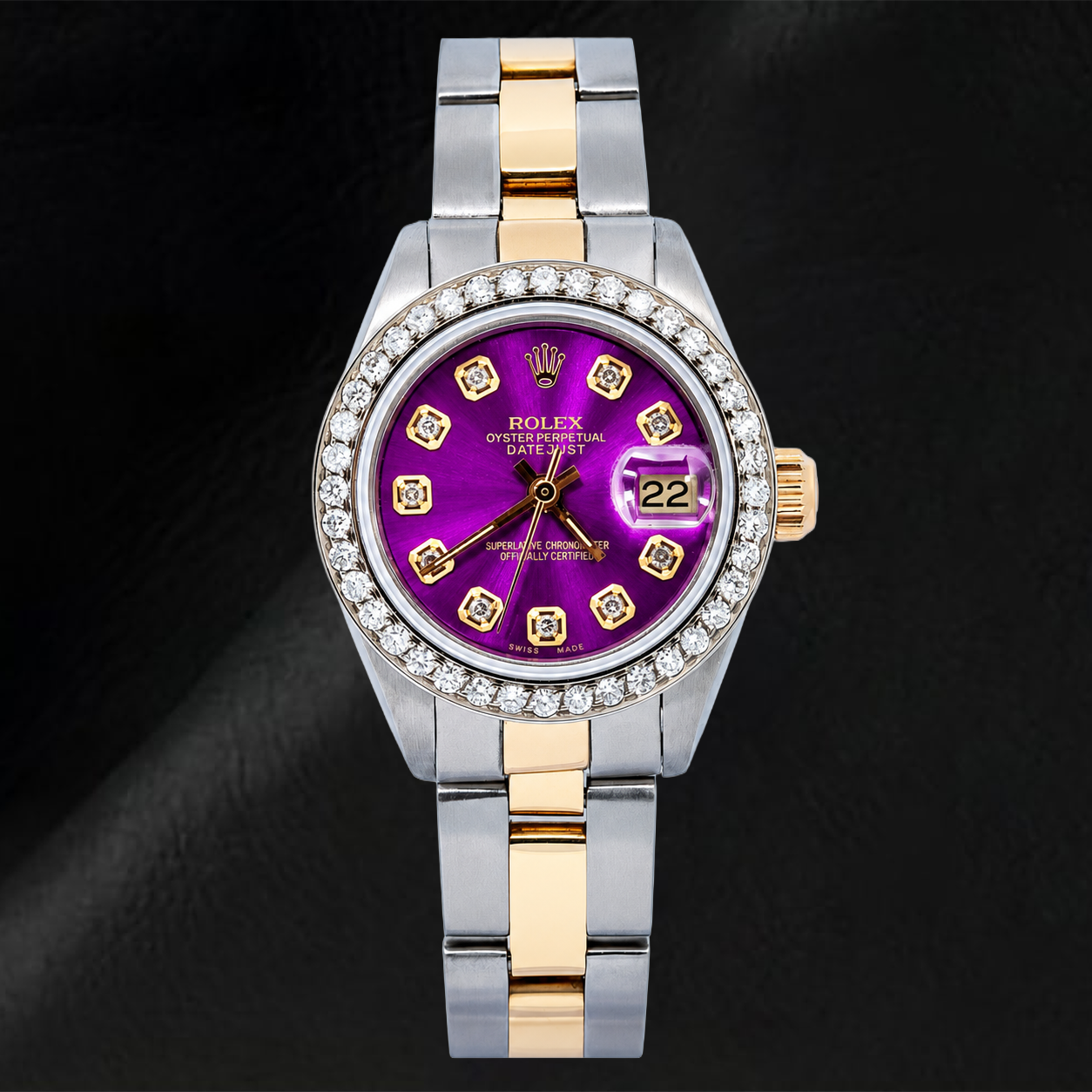 Rolex Datejust 69173 26 mm Uhr mit violettem Diamantzifferblatt und Bicolor Oyster-Armband