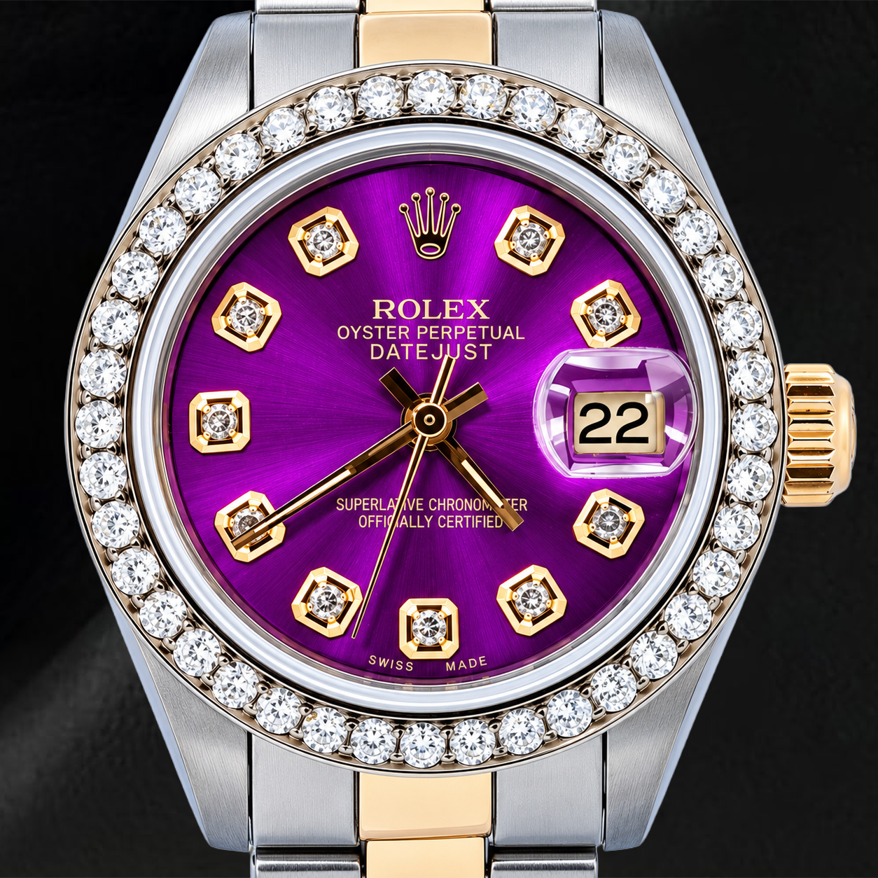 Rolex Datejust 69173 26 mm Uhr mit violettem Diamantzifferblatt und Bicolor Oyster-Armband