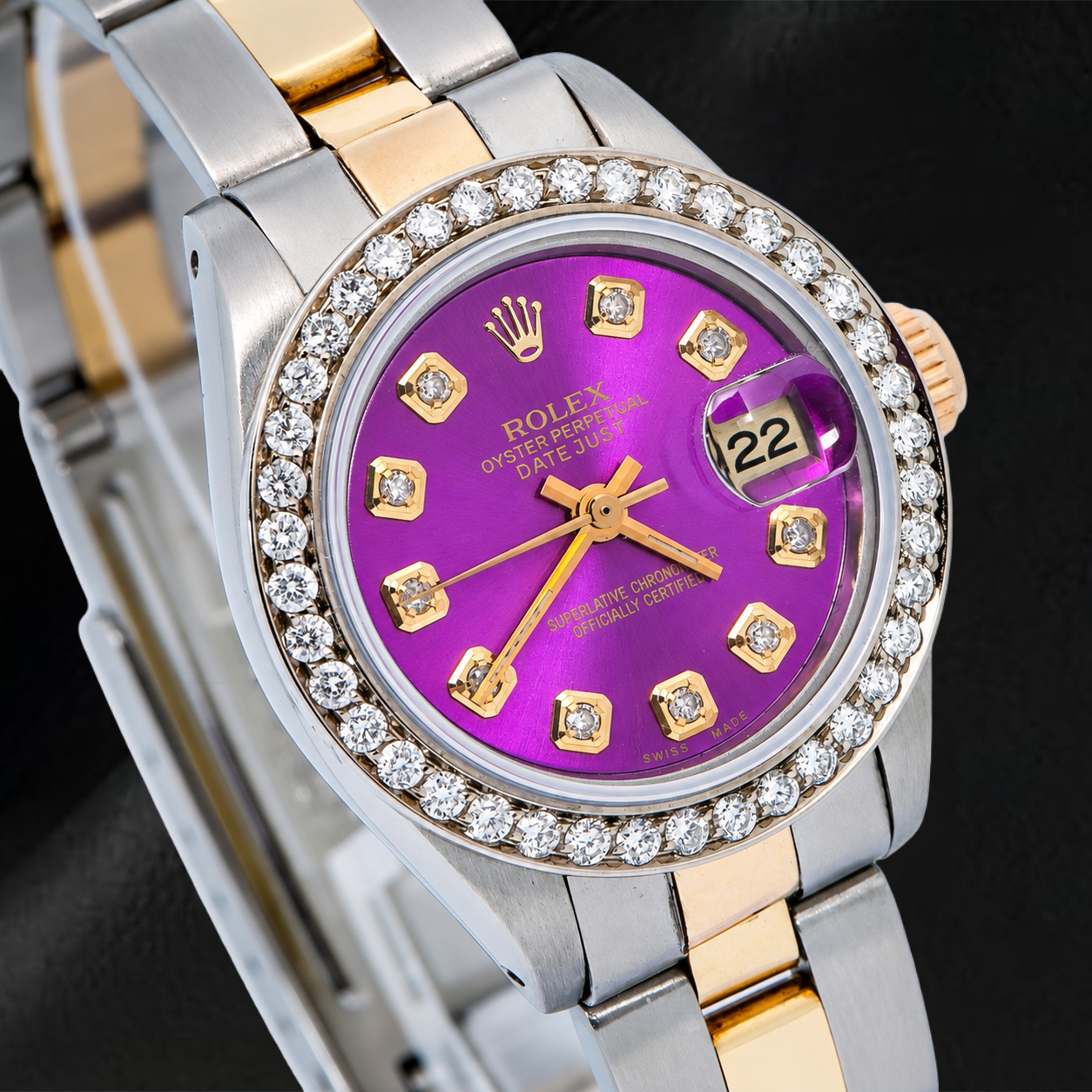 Rolex Datejust 69173 26 mm Uhr mit violettem Diamantzifferblatt und Bicolor Oyster-Armband