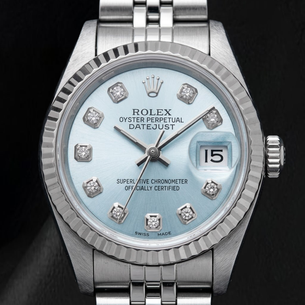 Rolex Datejust 69174 26 mm Edelstahluhr mit blauem Diamantzifferblatt