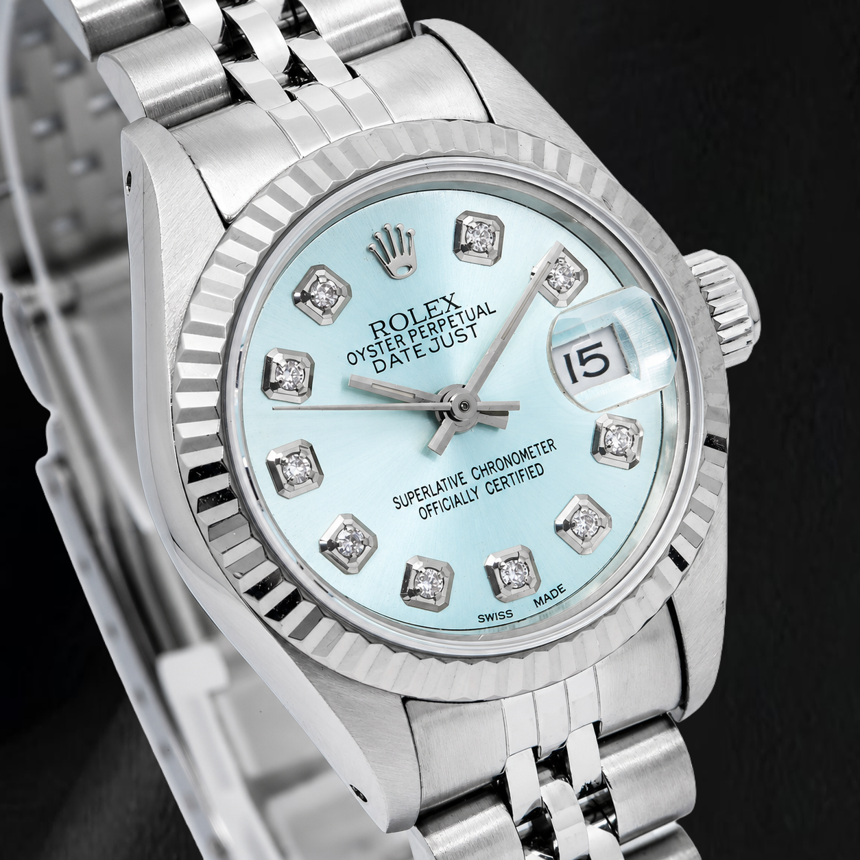 Rolex Datejust 69174 26 mm Edelstahluhr mit blauem Diamantzifferblatt