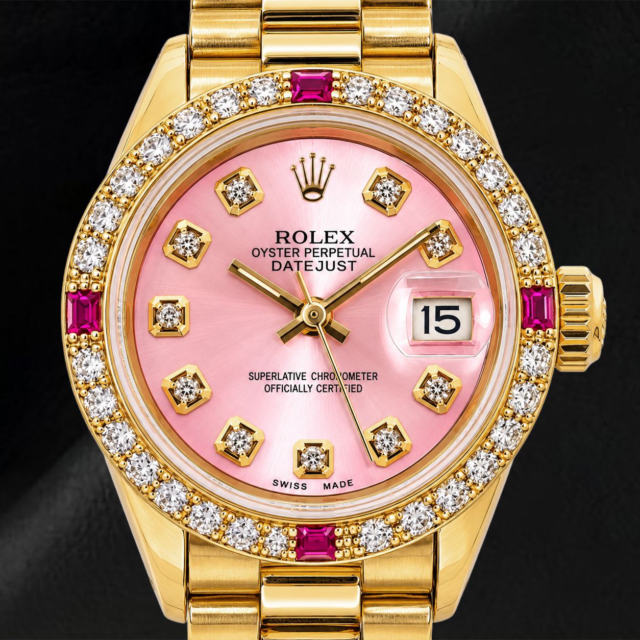Rolex Datejust 69178 26 mm Rosa Diamantzifferblatt Gelbgold President-Armband Uhr