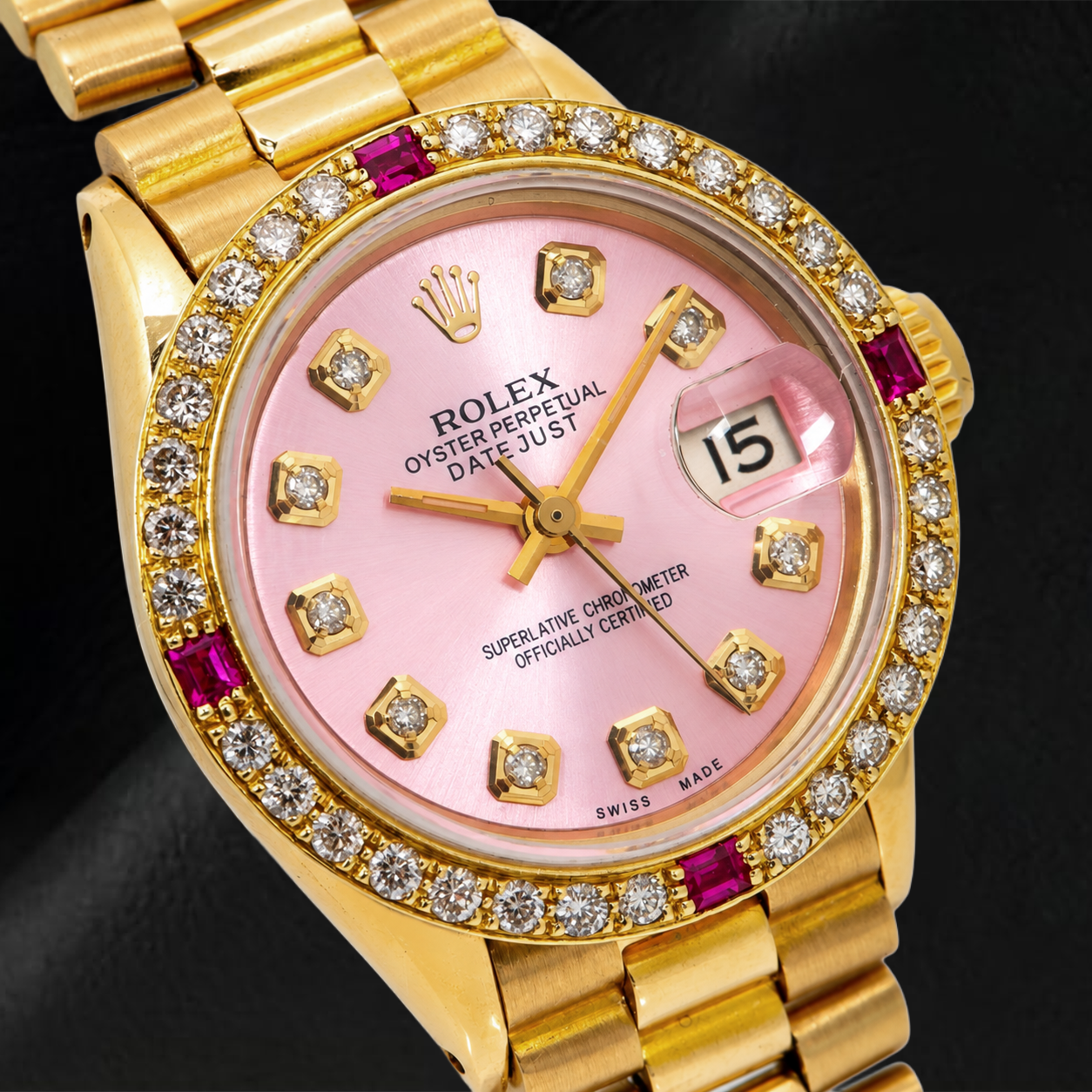 Rolex Datejust 69178 26 mm Rosa Diamantzifferblatt Gelbgold President-Armband Uhr