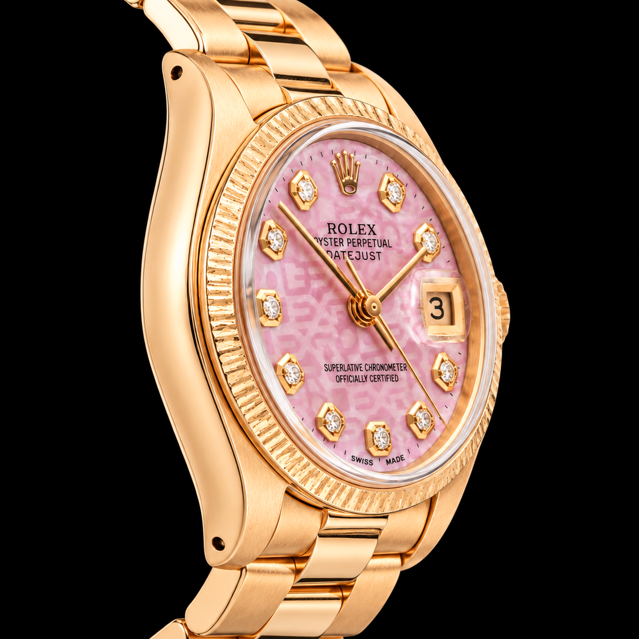 Rolex Datejust 69178 26 mm Gelbgold Armbanduhr mit rosa Jubilé-Diamantzifferblatt und President-Armband