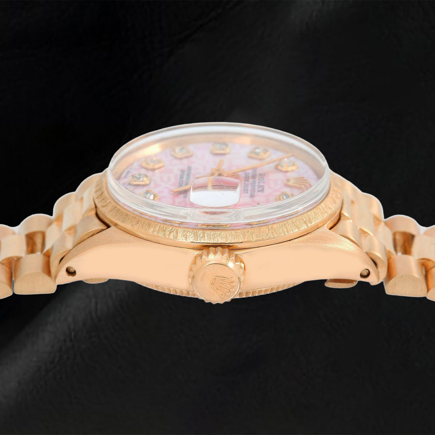 Rolex Datejust 69178 26 mm Gelbgold Armbanduhr mit rosa Jubilé-Diamantzifferblatt und President-Armband