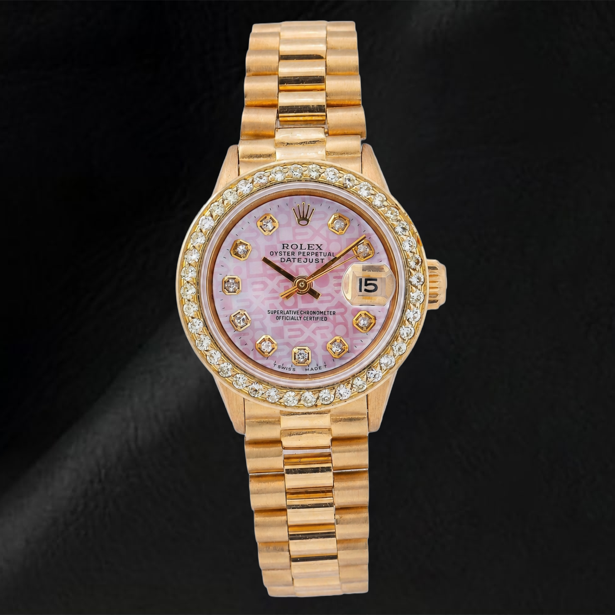 Rolex Datejust 69178 26 mm Gelbgold Uhr mit rosa Jubilee-Diamantzifferblatt und President-Armband