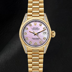 Rolex Datejust 69178 26 mm Gelbgold-Uhr mit rosa Perlmutt-Diamantzifferblatt