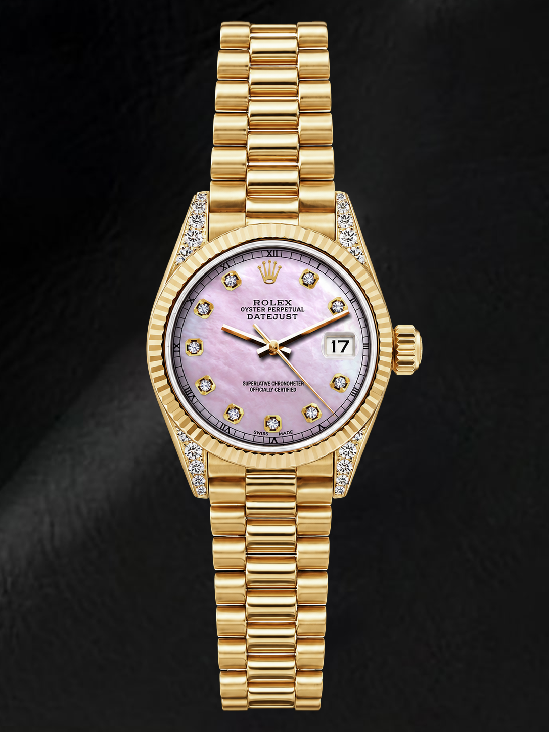 Rolex Datejust 69178 26 mm Gelbgold-Uhr mit rosa Perlmutt-Diamantzifferblatt