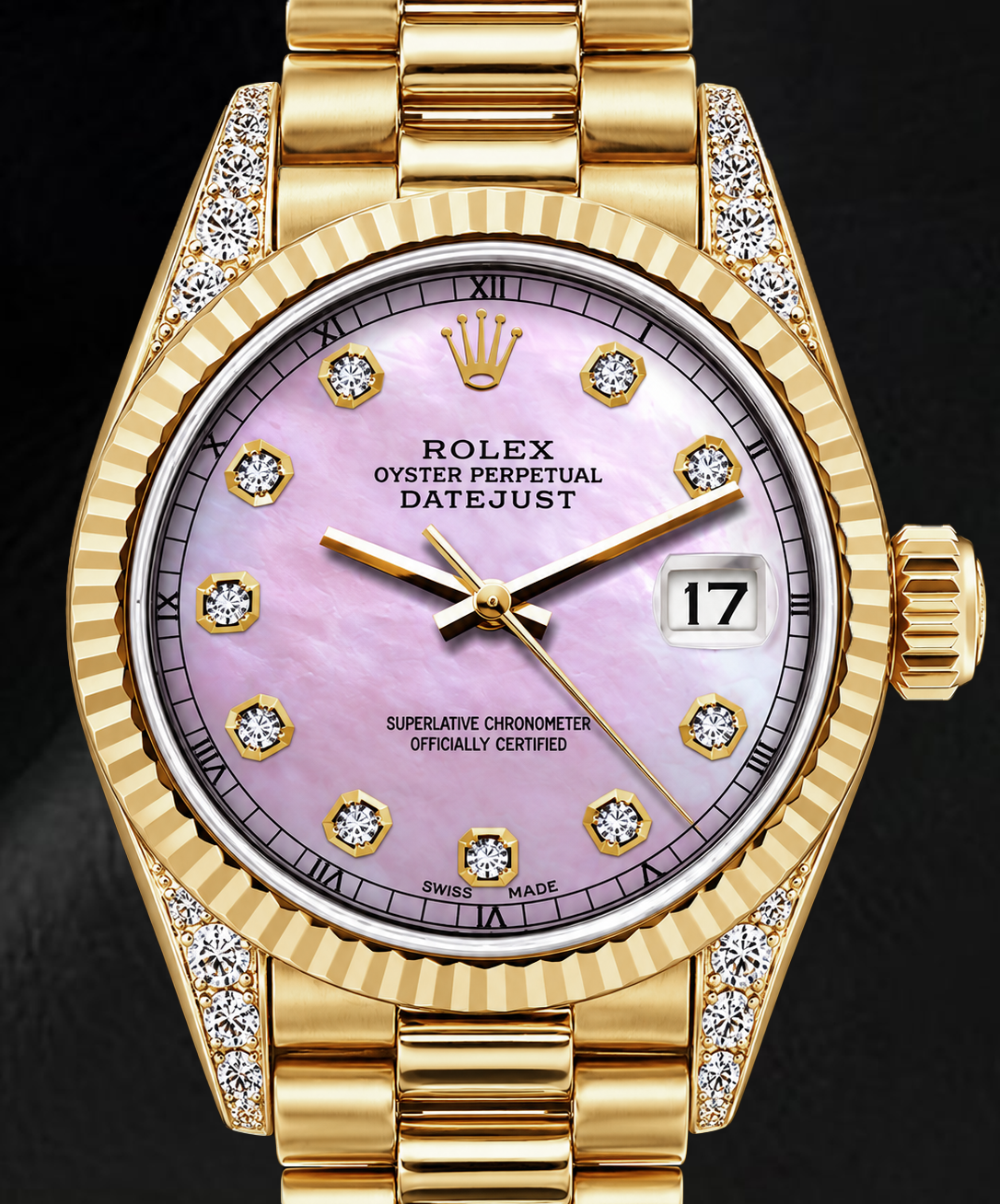Rolex Datejust 69178 26 mm Gelbgold-Uhr mit rosa Perlmutt-Diamantzifferblatt