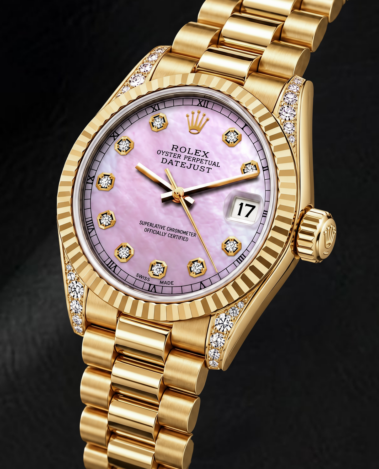 Rolex Datejust 69178 26 mm Gelbgold-Uhr mit rosa Perlmutt-Diamantzifferblatt