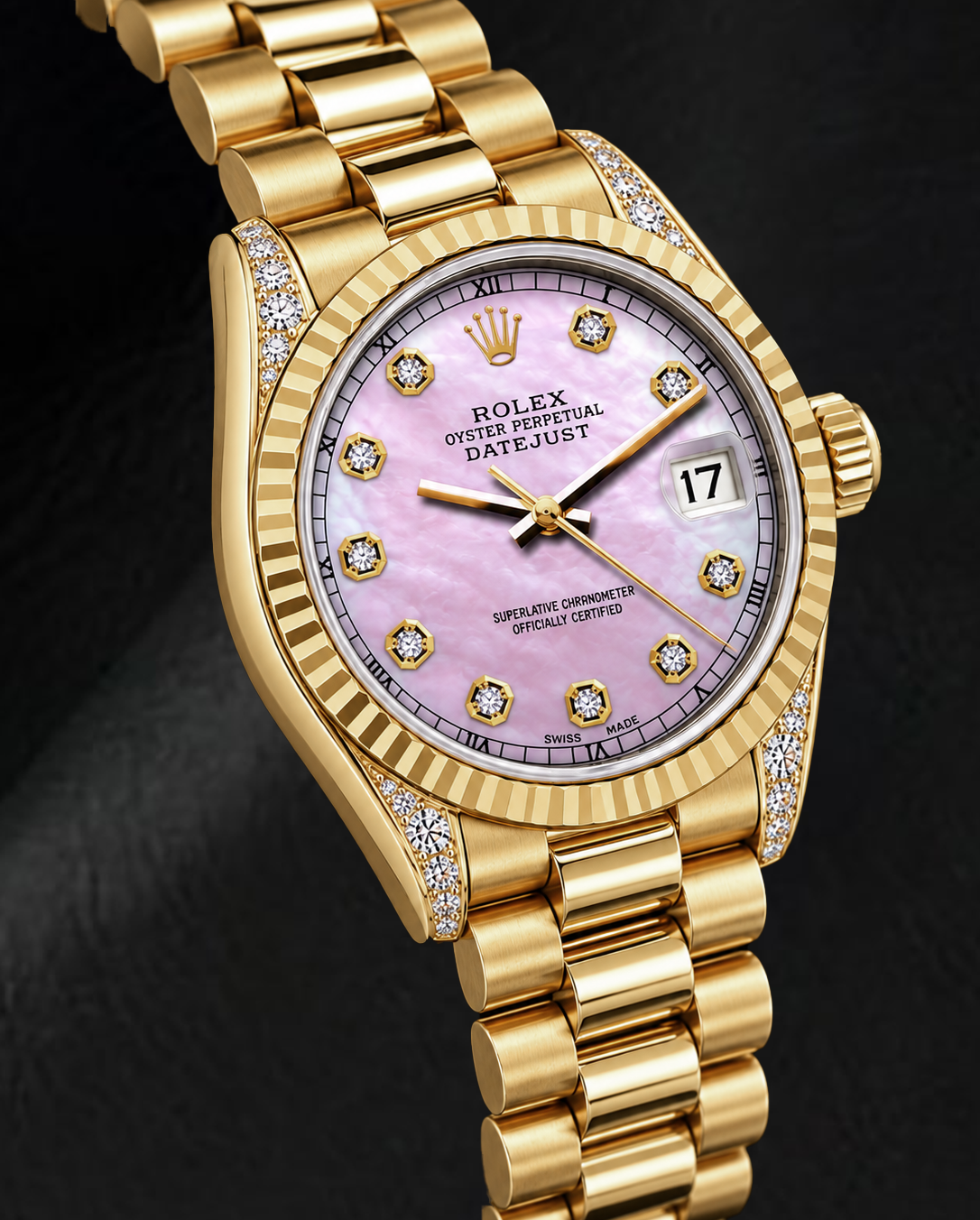 Rolex Datejust 69178 26 mm Gelbgold-Uhr mit rosa Perlmutt-Diamantzifferblatt