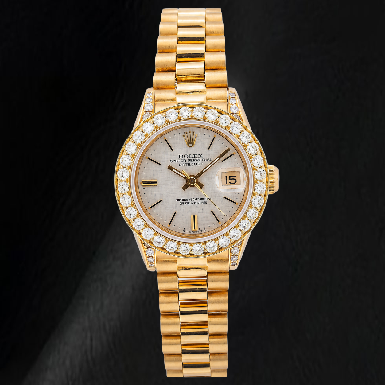 Rolex Datejust 69178 26 mm Uhr aus 18 Karat Gelbgold mit silbernem Leinen-Diamantzifferblatt