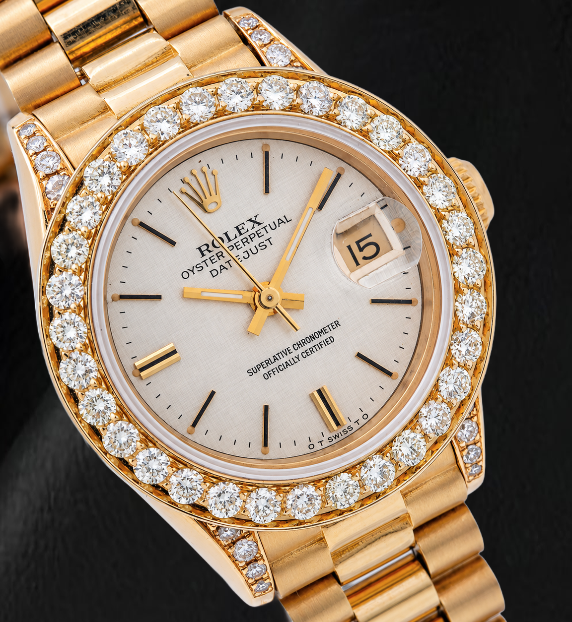 Rolex Datejust 69178 26 mm Uhr aus 18 Karat Gelbgold mit silbernem Leinen-Diamantzifferblatt