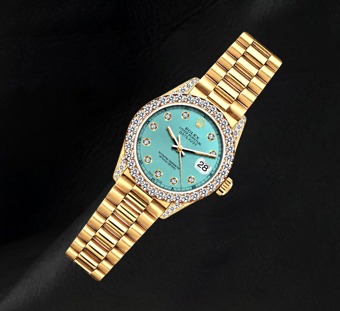 Rolex Datejust 69178 26 mm Türkises Diamantzifferblatt Gelbgold President-Armband 18 Karat Uhr