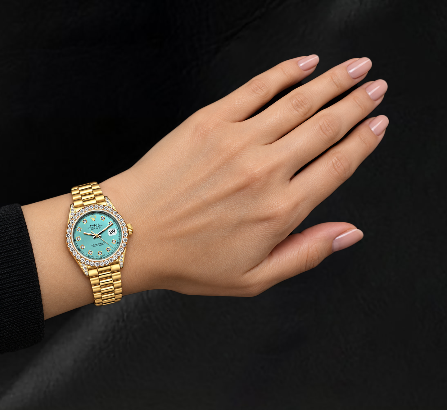 Rolex Datejust 69178 26 mm Türkises Diamantzifferblatt Gelbgold President-Armband 18 Karat Uhr