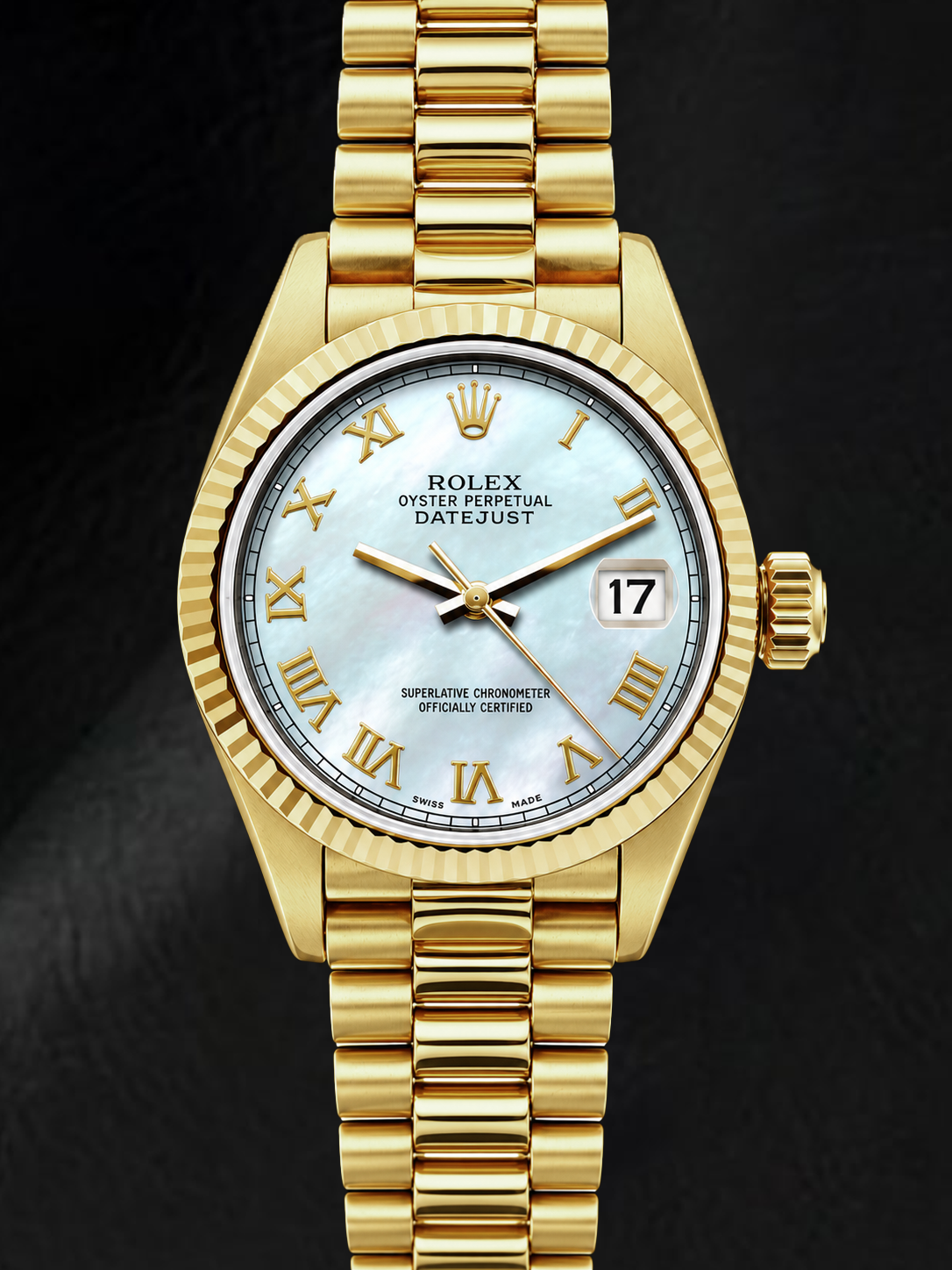 Rolex Datejust 69178 26 mm Gelbgold-Uhr mit weißem Perlmutt-Zifferblatt und römischen Ziffern