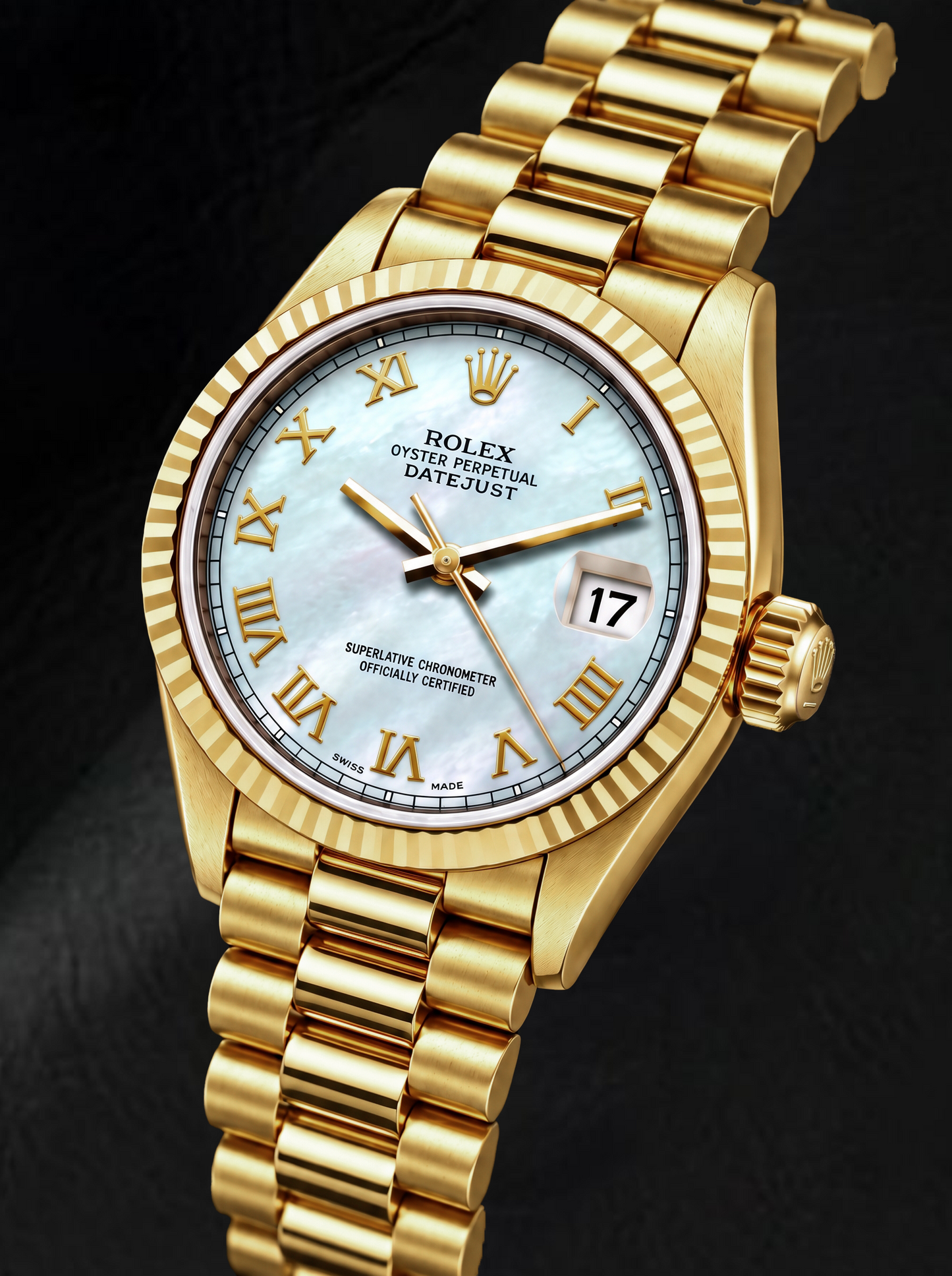 Rolex Datejust 69178 26 mm Gelbgold-Uhr mit weißem Perlmutt-Zifferblatt und römischen Ziffern