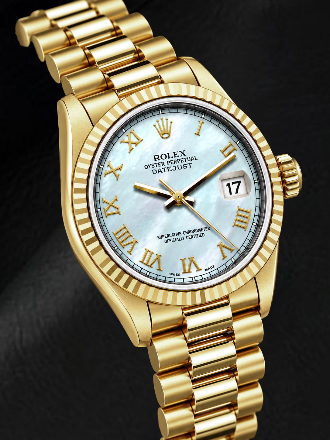 Rolex Datejust 69178 26 mm Gelbgold-Uhr mit weißem Perlmutt-Zifferblatt und römischen Ziffern