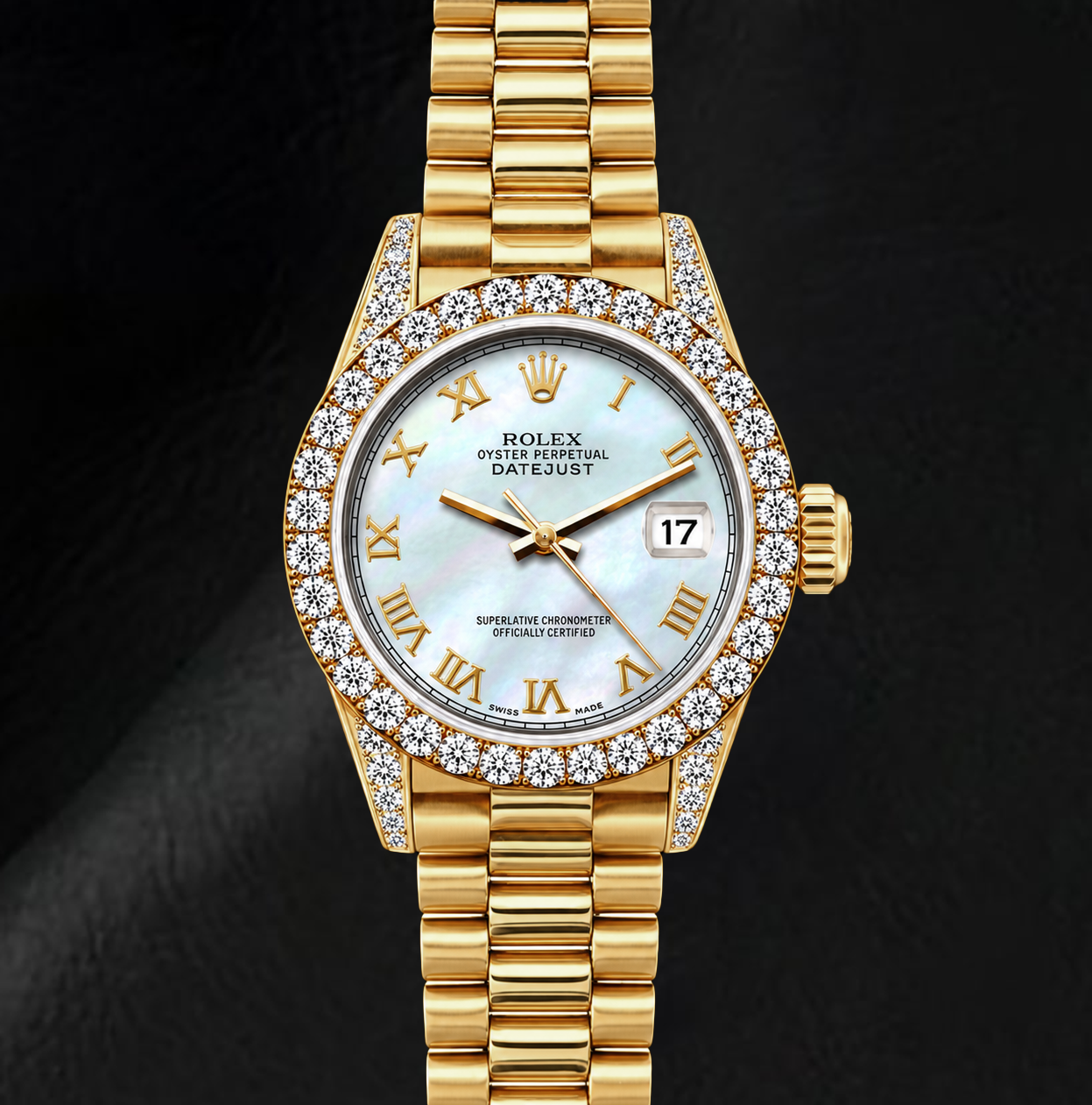 Rolex Datejust 69178 26 mm Gelbgold Uhr mit weißem Perlmutt-Zifferblatt und römischen Ziffern
