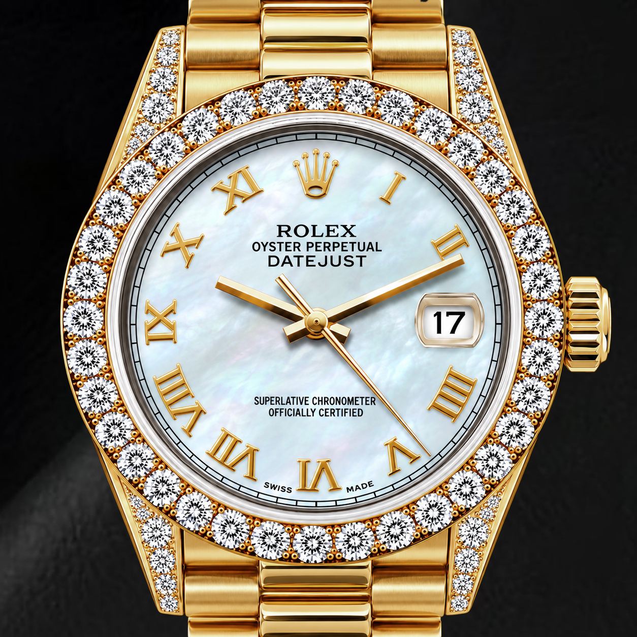 Rolex Datejust 69178 26 mm Gelbgold Uhr mit weißem Perlmutt-Zifferblatt und römischen Ziffern