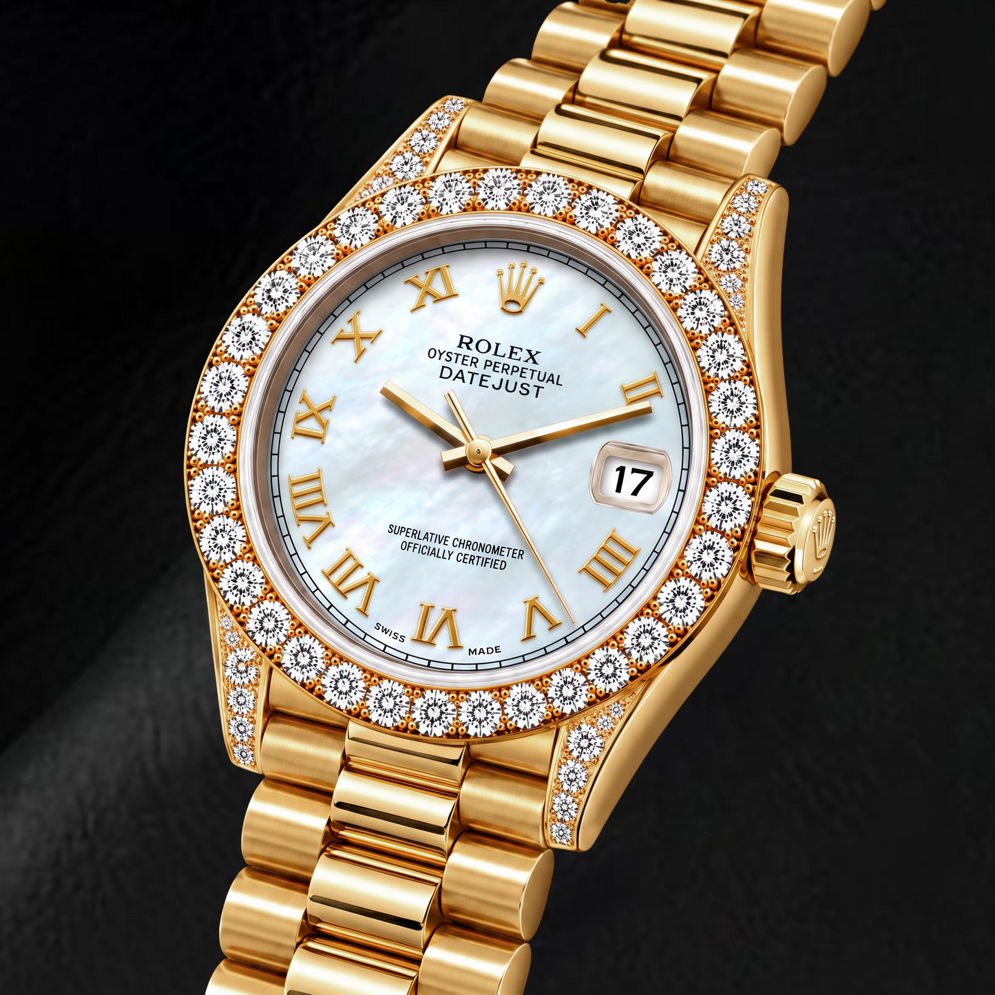 Rolex Datejust 69178 26 mm Gelbgold Uhr mit weißem Perlmutt-Zifferblatt und römischen Ziffern