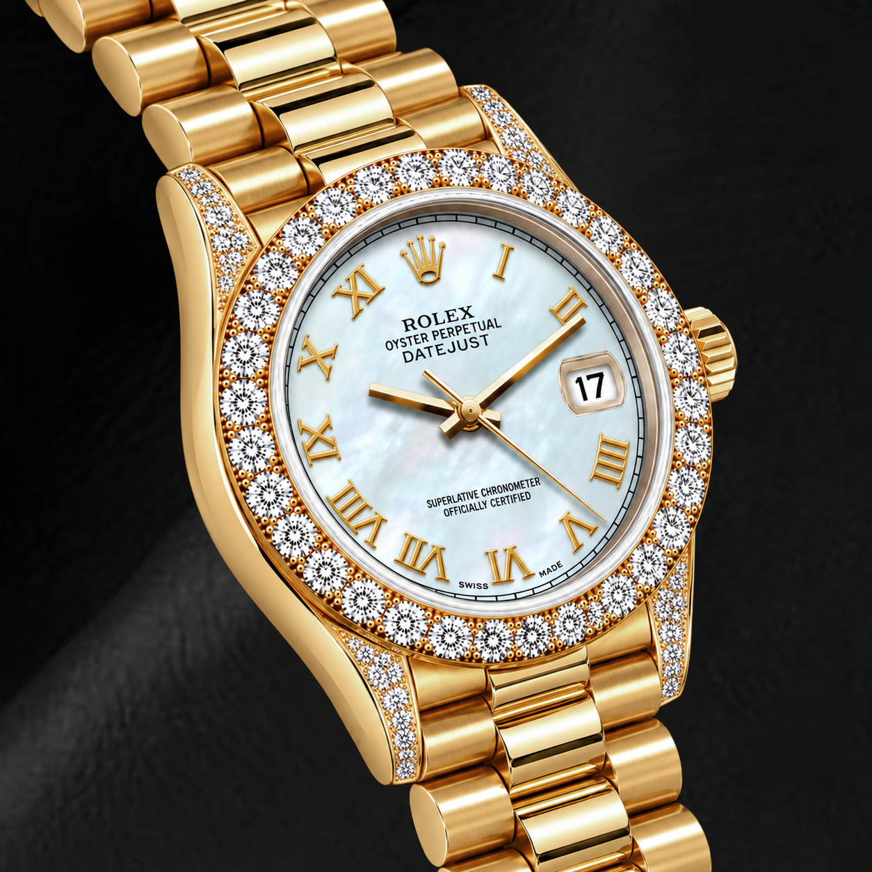 Rolex Datejust 69178 26 mm Gelbgold Uhr mit weißem Perlmutt-Zifferblatt und römischen Ziffern