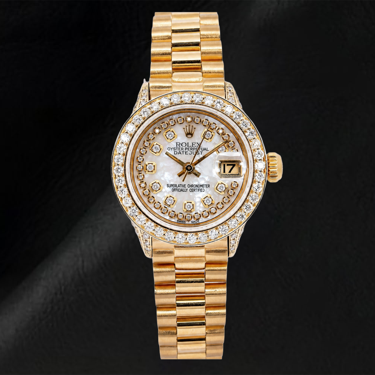 Rolex Datejust 69178 26 mm Uhr aus Gelbgold, weißes Perlmutt-Diamantzifferblatt mit Diamantkranz, President-Armband