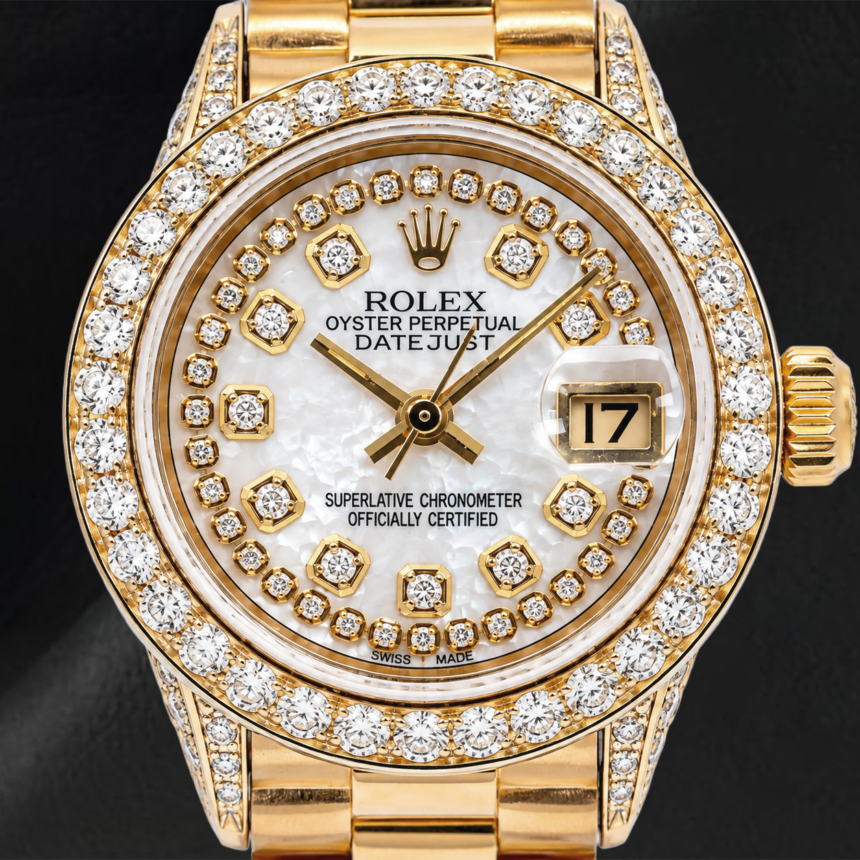 Rolex Datejust 69178 26 mm Uhr aus Gelbgold, weißes Perlmutt-Diamantzifferblatt mit Diamantkranz, President-Armband
