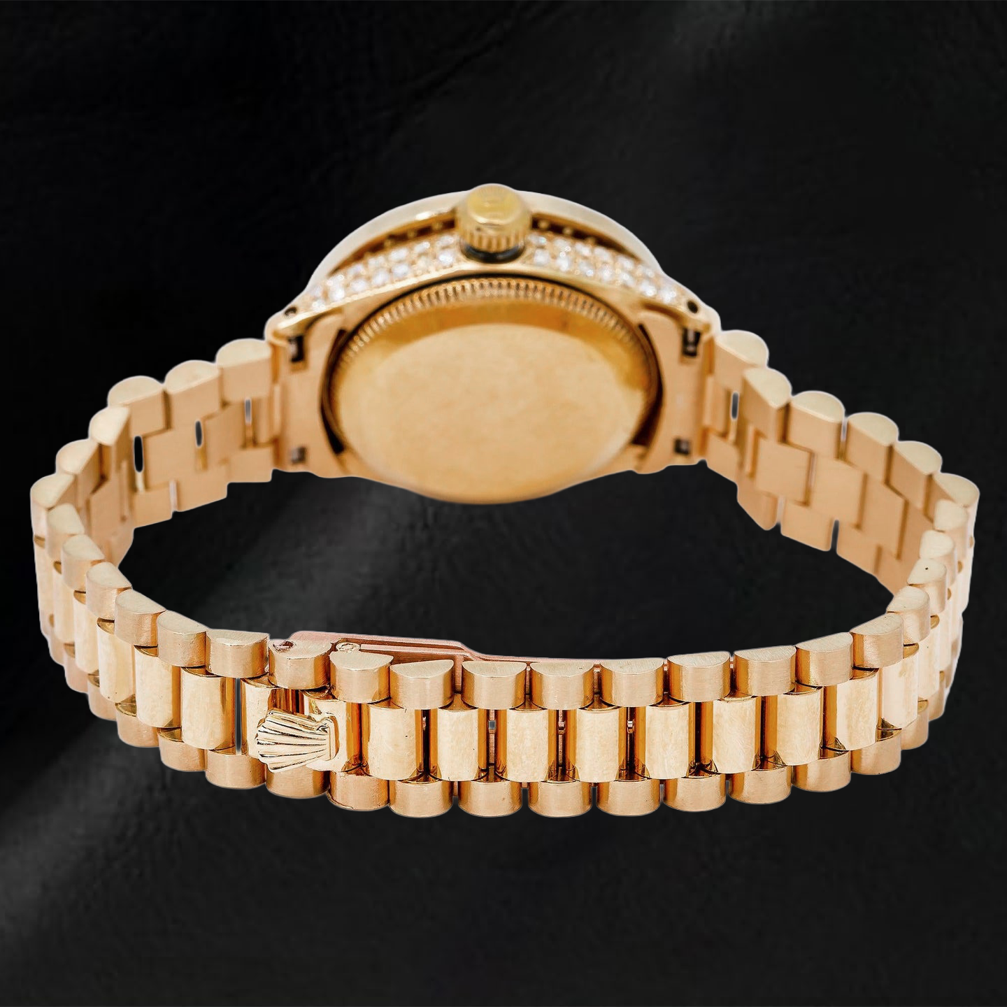 Rolex Datejust 69178 26 mm Uhr aus Gelbgold, weißes Perlmutt-Diamantzifferblatt mit Diamantkranz, President-Armband